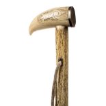 *Walking Cane. A 19th century walking stick, with substantial spiral carved whalebone shaft with