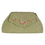 *Evening bag. A tambour work evening bag, circa 1920s, pale green satin gusseted pochette, with