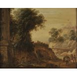 *Attributed to Solomon Ruisdael (1600-1670). Arcadian landscape with figures and bridge across a