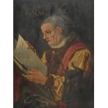 *German School. Portrait of St. Luke reading his gospel, with head of a black bull, 16th century,