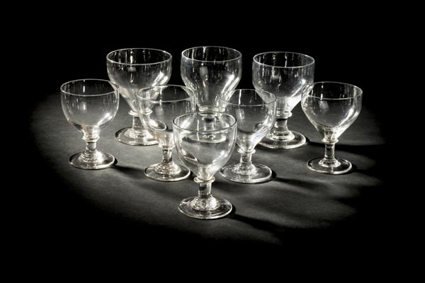 *Rummer. A mixed collection of eight Georgian glass rummers, various sizes, each with knopped stem