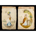 *Embroidery pictures. A pair of oval embroidery pictures of ladies, late 18th century, finely worked