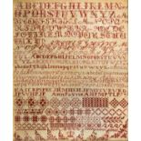 *Sampler. A sampler by Ann Payne, early 19th century, worked in red cotton cross-stitch on linen,