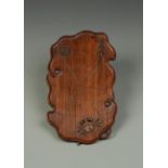 A SMALL CHINESE HARDWOOD LEAF TRAY, huanghuali or hongmu, carved with a crayfish, crab and seal,