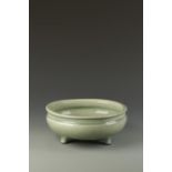 A CHINESE LONGQUAN CELADON TRIPOD CENSER, the rounded body with cross-hatched decoration, Ming, 11.