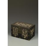 A KOREAN MOTHER OF PEARL INLAID BOX, the top decorated with two cranes and peaches around a