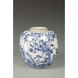 A CHINESE BLUE AND WHITE JAR decorated with birds amongst foliage, the base with a Kangxi mark, late