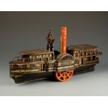 A CHINESE EXPORT LACQUER MODEL PADDLE STEAMER with central red funnel flanked by twin lidded