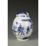 A CHINESE BLUE AND WHITE COVERED JAR decorated with a narrative scene of figures in a garden, late