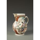 A WORCESTER BALUSTER-SHAPED CABBAGE LEAF MOULDED MASK JUG with scroll handle, painted in Chinese