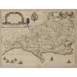 JOHN BLEAU: "Dorcestria" A printed map of the County with hand-coloured armorial, title and borders,