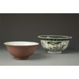 A CHINESE FAMILLE VERTE BOWL AND A LANGYAO BOWL, the famille verte example decorated with figure