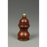 A CHINESE TURNED HARDWOOD CONTAINER of baluster form, the dense, richly patinated wood probably