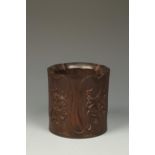 A CHINESE HARDWOOD LOTUS-FORM BRUSHPOT, each petal with a relief-carved dragon, probably Republic