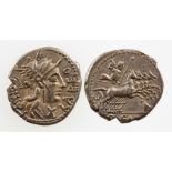 ROMAN REPUBLIC. FABIUS LABEO, 124 B.C. AR DENARIUS. Helmeted head of Roma right between 'ROMA' '