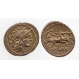 ROMAN REPUBLIC. L. JULIUS, 100-97 B.C. AR DENARIUS. Helmeted head of Roma right, corn ear behind,