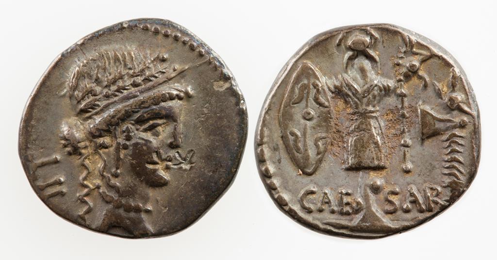 ROMAN REPUBLIC. JULIUS CAESAR. AR DENARIUS, 48-47 B.C. Travelling military mint. Female head wearing