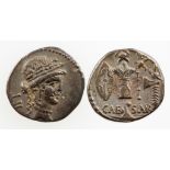ROMAN REPUBLIC. JULIUS CAESAR. AR DENARIUS, 48-47 B.C. Travelling military mint. Female head wearing