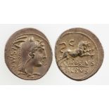 ROMAN REPUBLIC. LUCIUS THORIUS BALBUS, 105 B.C. AR DENARIUS. Head of Juno Sospita facing right,