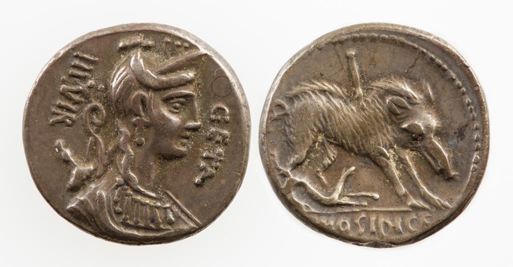 ROMAN REPUBLIC. HOSIDIUS GETA, 68 B.C. AR DENARIUS. Bust of Diana between 'IIIVIR' and 'GETA' right,