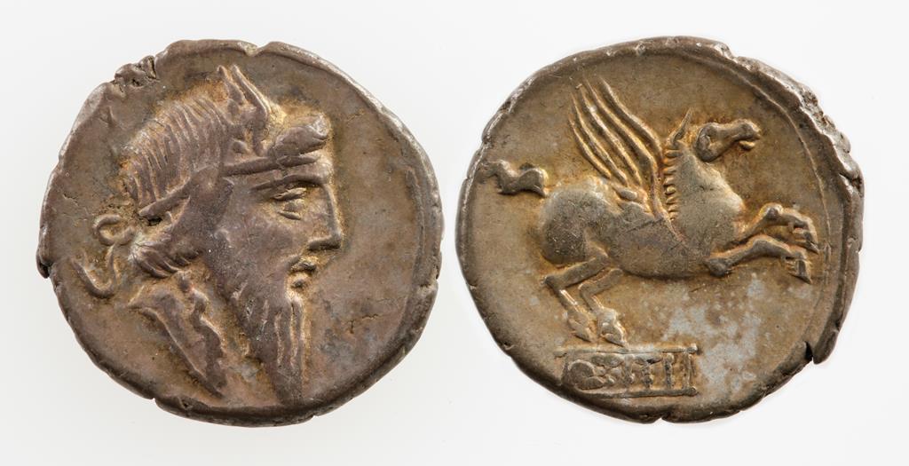 ROMAN REPUBLIC. TITIUS, 90 B.C. AR DENARIUS. Head of Mutinus Titinus wearing winged diadem right,