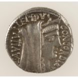 ROMAN REPUBLIC. L. AEMILIUS LEPIDUS PAULLUS, 62 B.C. AR DENARIUS. Veiled and diademed head of