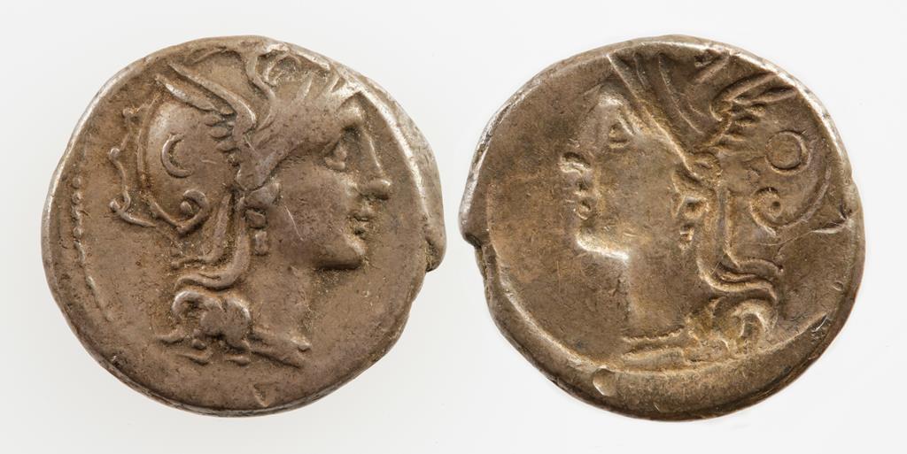 ROMAN REPUBLIC. AR DENARIUS, OBVERSE BROCKAGE, c. Claudius Pulcher, 110-109 B.C. Helmeted head of