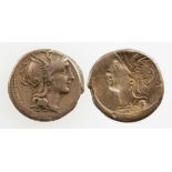 ROMAN REPUBLIC. AR DENARIUS, OBVERSE BROCKAGE, c. Claudius Pulcher, 110-109 B.C. Helmeted head of
