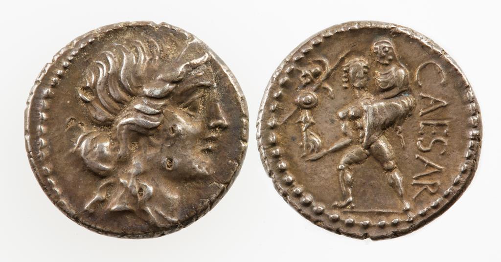ROMAN REPUBLIC. JULIUS CAESAR. AR DENARIUS, 47 B.C. Diademed bust of Venus right, Aeneas carrying