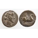 ROMAN REPUBLIC. TITIUS, 90 B.C. AR DENARIUS. Head of Liberty wearing ivy wreath right, Pegasus above