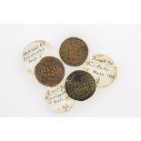 17TH CENTURY TRADE TOKENS, local Dorset interest, Dorchester, with old collectors labels. (3 coins)