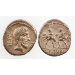 ROMAN REPUBLIC. SABINUS TITURIUS, 89 B.C. AR DENARIUS. Head of King Tatius right between 'SABIN' '