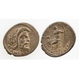 ROMAN REPUBLIC. VIBIUS PANSA, 48 B.C. AR DENARIUS. Head of bearded Pansa right, Jupiter seated left,