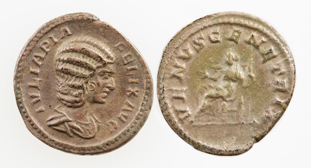 ROMAN EMPIRE. JULIA DOMNA, 170-217 A.D. AR DENARIUS. Draped bust right, Venus seated left, raising