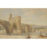 ATTRIBUTED TO THOMAS MILES RICHARDSON SNR (1784-1848) Figures seated by a bridge, watercolour, 11.