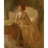 ERNEST BORDES (1852-1914) A nude seated on a bed in an interior, signed lower right, oil on