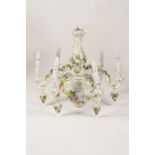 A "DRESDEN" PORCELAIN CHANDELIER of 18th century design with a central baluster shaft and six S-