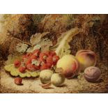 OLIVER CLARE (1853-1927) A still life study of fruit in a woodland setting, signed lower right,