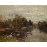 JOSHUA ANDERSON HAGUE (1850-1916) A landscape and river with trees to either bank and swans to the