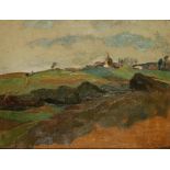 •JEAN DELESCLUSE (1871-1947) A rural scene with church spire to the distance, signed lower right,