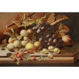 OLIVER CLARE (1853-1927) A still life study of fruit on a ledge, signed lower right, oil on board,