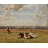 ALGERNON TALMAGE (1871-1939) "A Siesta (young steers)", signed lower left, oil on board, 14.5" x