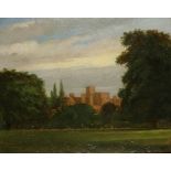 WILLIAM TURNER OF OXFORD (1789-1862) "New College, Oxford, from parkland", oil on board, 8" x 10".