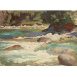 GEORGE SPENCER WATSON RA, RWS, ROI (1869-1934) "A River in Spate", oil on board, 11.25" x 15". See