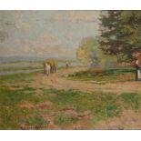 AUGUST WILHELM DIEFFENBACHER (1858-1940) A horse and cart and figures on a country path, signed