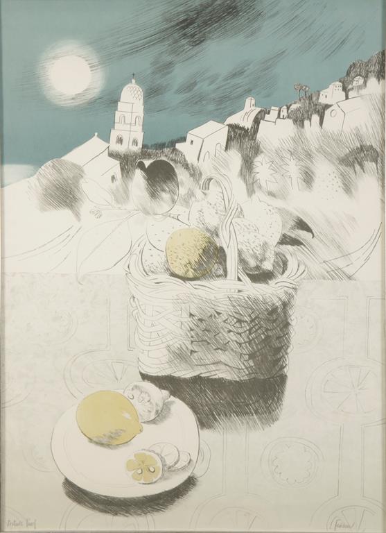 •MARY FEDDEN (b.1915) A basket of lemons set within an Arabic landscape, artist proof print