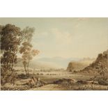 CIRCLE OF JOHN VARLEY (1778-1842) A view of a country path towards open fields with hills beyond and