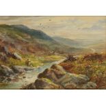 JOHN MACWHIRTER (1839-1911) Fishing from a Highland stream, signed lower right, watercolour, 7" x