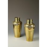 LIBERTY & CO: A PAIR OF BRASS ART NOUVEAU VASES of tapering shoulder design, with "Glasgow" style