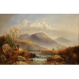 ENGLISH SCHOOL, 19th century A highland landscape with figures standing by a river, indistinctly